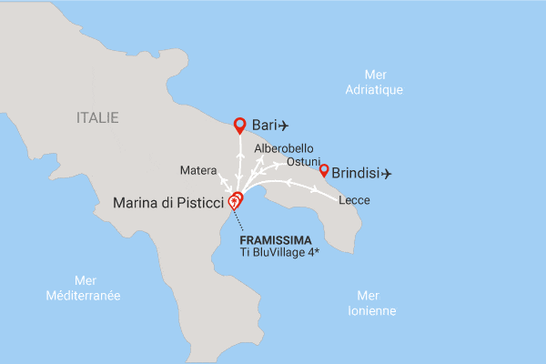 Circuit Couleurs et Traditions des Pouilles, logement au Framissima Ti Blu Village marina_di_pisticci Italie