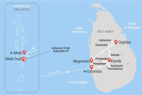 Circuit Sri Lanka Authentique 3* & extension 6 nuits Maldives à l'Adaaran Club Rannalhi colombo Sri Lanka