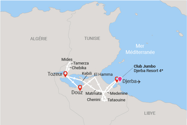 Combiné circuit et hôtel Circuit Beautés du Désert Tunisien et Djerba Resort djerba Tunisie