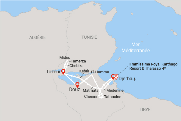 Combiné circuit et hôtel Circuit Plage au Framissima Royal Karthago et désert de Tozeur djerba Tunisie